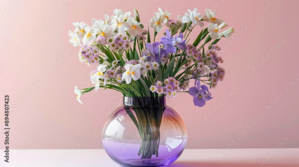 Chic glass vase with a subtle gradient, filled with an elegant mix of purple irises and white daisies Chic glass vase with a subtle gradient, filled with an elegant mix of purple irises and white daisies