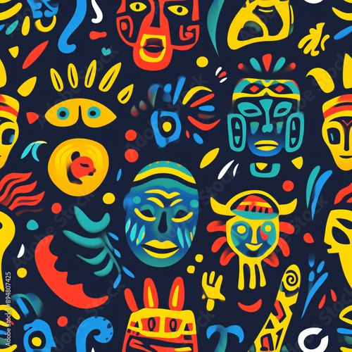 Cartoon pattern of African cultural motifs, with tribal masks, animals and geometric designs, in cartoon style, with vibrant earth tones and bright accents (tile)