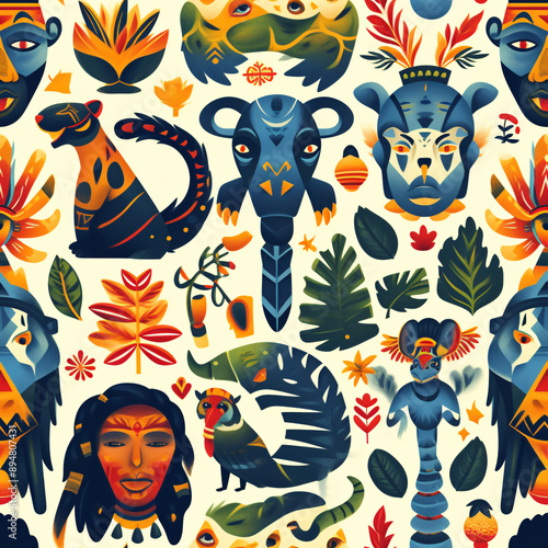 Cartoon pattern of African cultural motifs, with tribal masks, animals and geometric designs, in cartoon style, with vibrant earth tones and bright accents (tile)