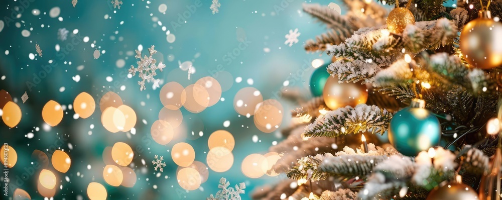 Delicate snowflakes falling on a decorated Christmas tree, holiday magic, festive winter scene Delicate snowflakes falling on a decorated Christmas tree, holiday magic, festive winter scene