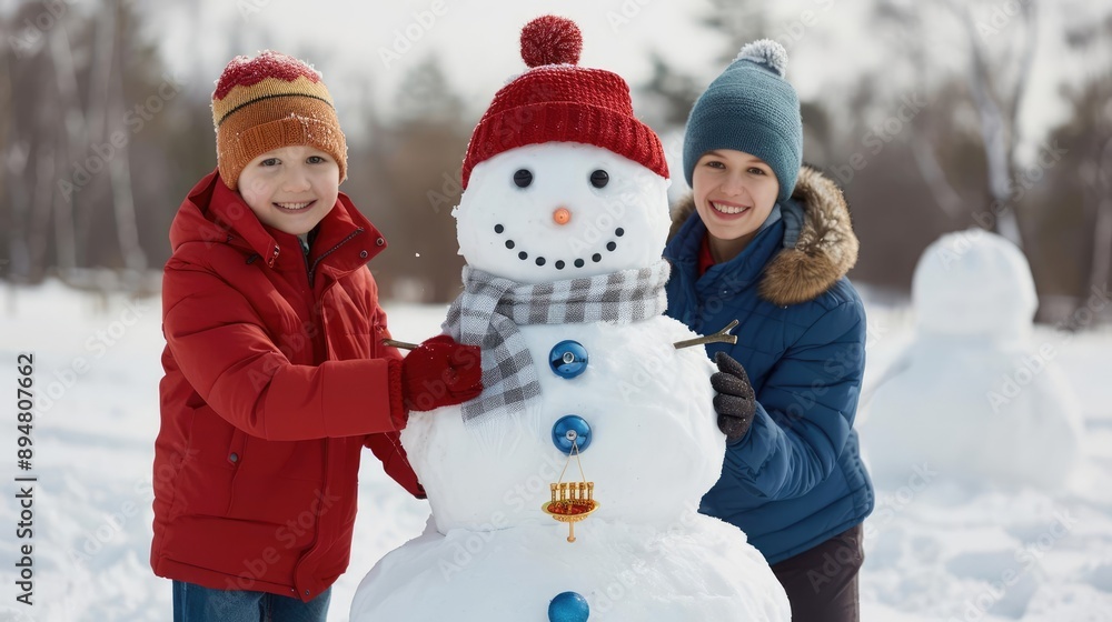 Family building a snowman with Hanukkah decorations, winter celebration, joyful holiday scene