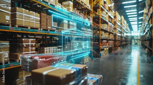 Smart warehouse management system using augmented reality technology to identify package picking and delivery . Future concept of supply chain and logistic business 