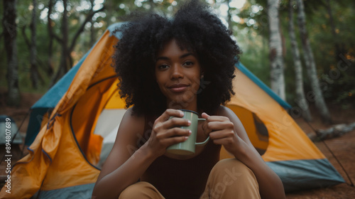 Beautiful young black-skinned African American woman with curly hair holding a cup of coffee, sitting in front of a camping tent in nature, morning relaxation in forest, drinking f photo