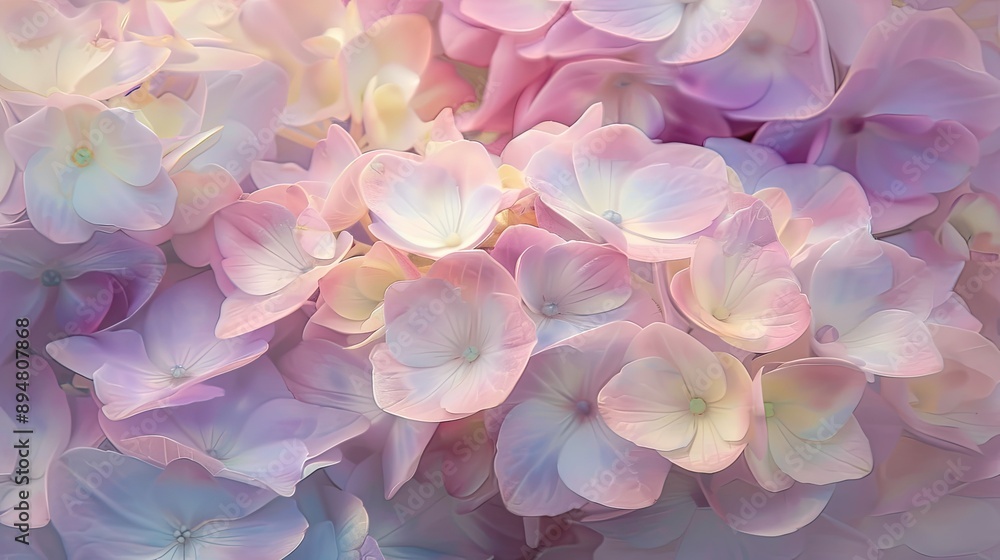 Close-up of delicate pastel hydrangea blossoms in soft morning light, showcasing their vibrant colors and intricate petals Close-up of delicate pastel hydrangea blossoms in soft morning light, showcasing their vibrant colors and intricate petals