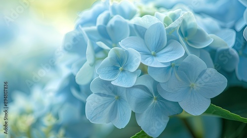 Close-up of blue hydrangea flowers with soft, diffused light highlighting their delicate petals and rich color