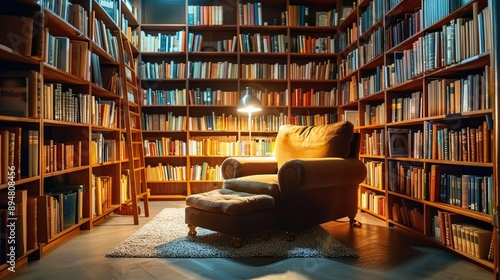 Inviting home library with floor-to-ceiling bookshelves, a cozy reading chair, and soft lighting, perfect for book lovers © Nuttaya Nampai