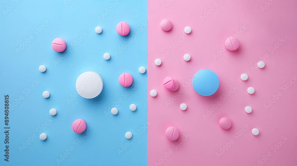 Pink And Blue Pills Arranged On A Pink And Blue Background, Health And Medicine Concept. Pink And Blue Pills Arranged On A Pink And Blue Background, Health And Medicine Concept.