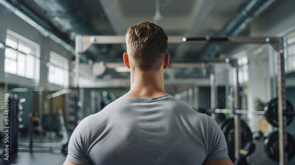 Rearview of a fit and muscular male athlete in a modern gym setting. Young man, showcasing wide back muscles, dressed in a gray t-shirt. Indoors workout club Rearview of a fit and muscular male athlete in a modern gym setting. Young man, showcasing wide back muscles, dressed in a gray t-shirt. Indoors workout club