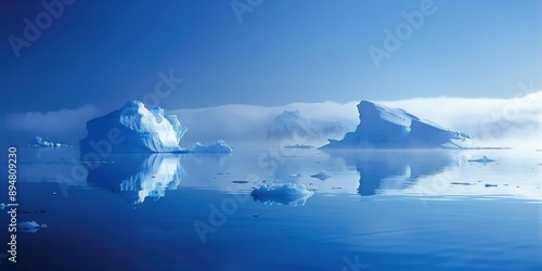 Multitude of Icebergs in Calm Blue Arctic or Antarctic Sea