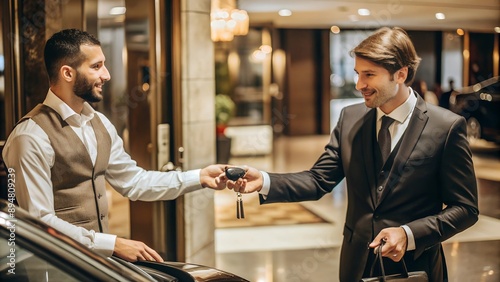 Businessman Giving Car Key To Valet, in luxury hotel, Valet Parking
