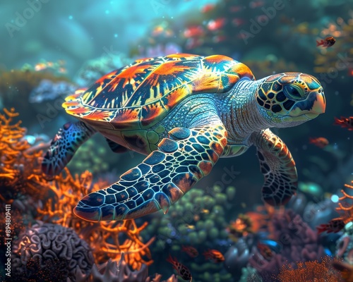 Okinawan sea turtle swimming among coral reefs, underwater scene, realistic style, vibrant colors, 3D rendering, detailed marine environment.