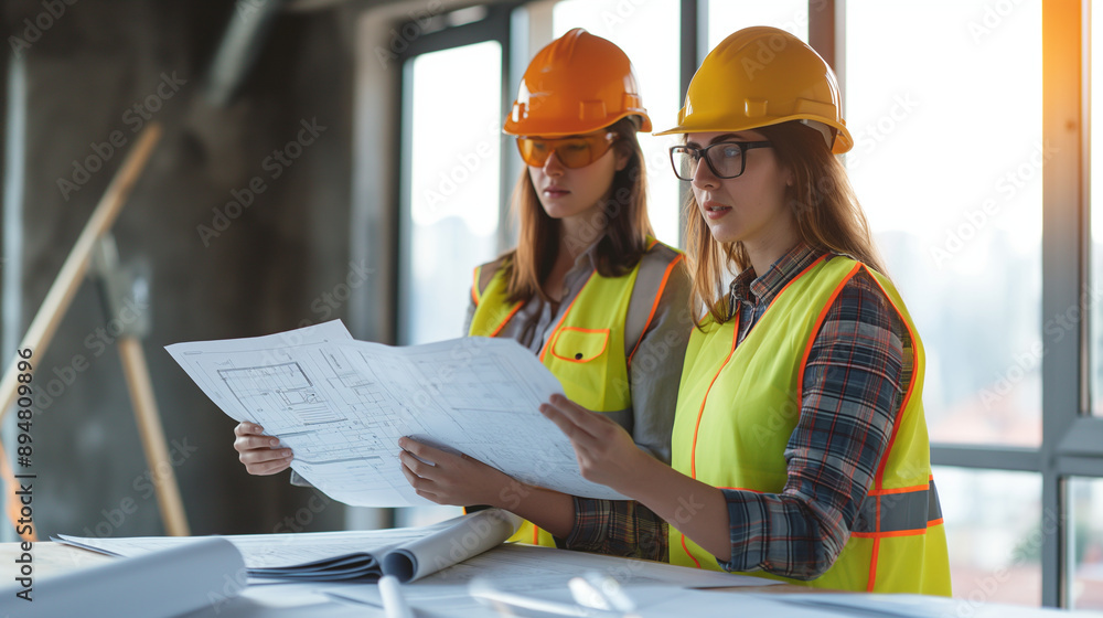 Two women construction workers in vests and helmets, reviewing papers with architectural blueprints on the table. Home builder concept, foreman examining the plan, woman architect Two women construction workers in vests and helmets, reviewing papers with architectural blueprints on the table. Home builder concept, foreman examining the plan, woman architect