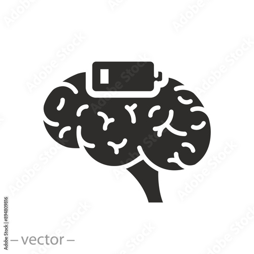 fatigue and stress icon, exhausted or tired, low level energy, battery brain, burnout about work, flat vector illustration