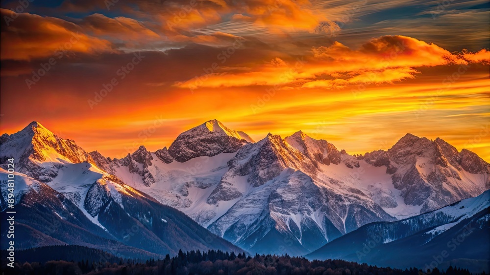 Obraz premium Sunset casting a warm glow over snow-capped mountains , sunset, mountains, snow, warm light, landscape, scenic, nature