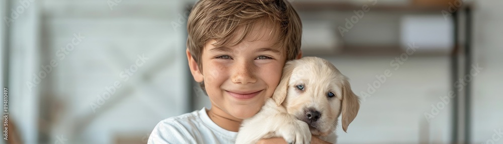 Young Boy Beaming with Joy as He Holds His Adorable New Puppy Companion Young Boy Beaming with Joy as He Holds His Adorable New Puppy Companion