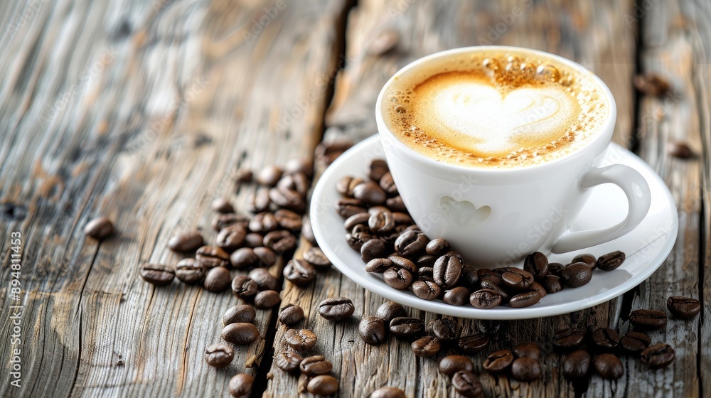 Coffee latte with heart froth and coffee beans on weathered wood. Coffee latte with heart froth and coffee beans on weathered wood.