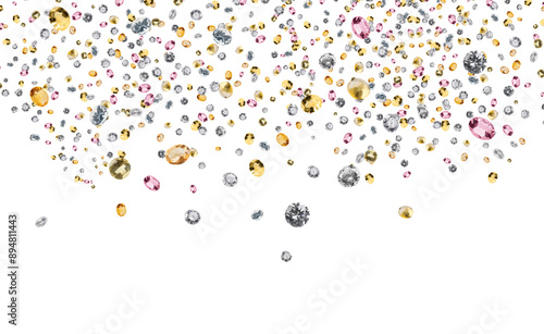 Many shiny gemstones falling on white background