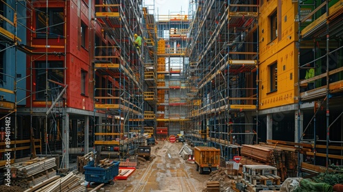 Construction site bustling with activity, heavy machinery in motion, workers collaborating on various tasks, raw materials scattered, structures taking shape amidst urban landscape