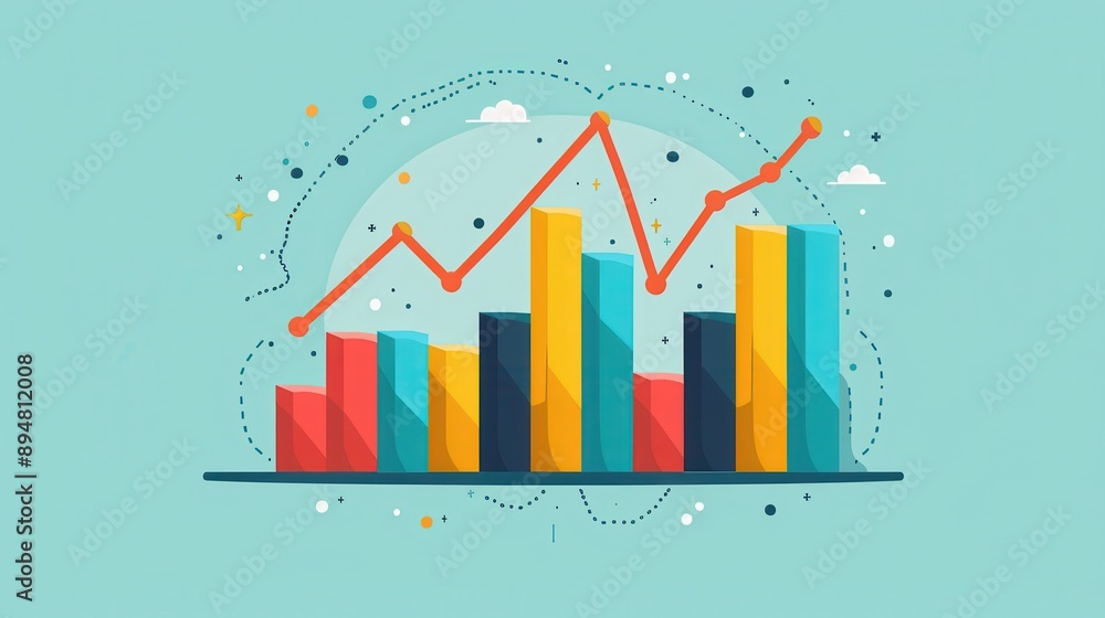 Colorful Bar and Line Graph on Blue Background Representing Data Analysis and Business Growth Colorful Bar and Line Graph on Blue Background Representing Data Analysis and Business Growth