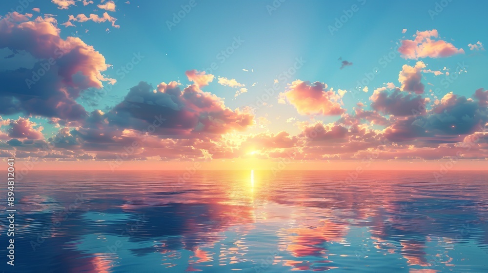 A breathtaking view of a vivid sunset with dramatic clouds reflected over a calm sea, invoking a sense of peace A breathtaking view of a vivid sunset with dramatic clouds reflected over a calm sea, invoking a sense of peace