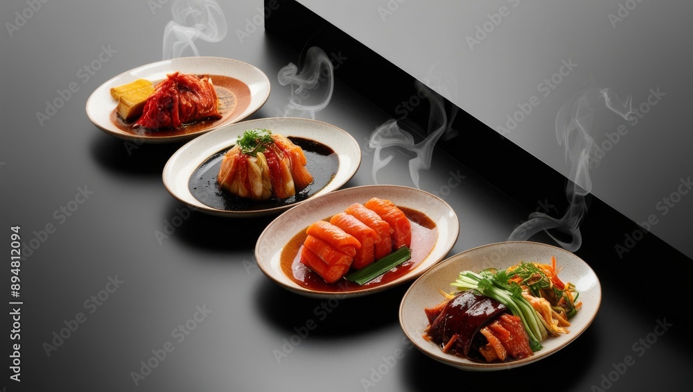 A vibrant arrangement of 2-3 traditional Korean dishes, such as kimchi, bibimbap, or Japchae, placed against a stark black background, which makes the colors and textures of the food pop. A vibrant arrangement of 2-3 traditional Korean dishes, such as kimchi, bibimbap, or Japchae, placed against a stark black background, which makes the colors and textures of the food pop.