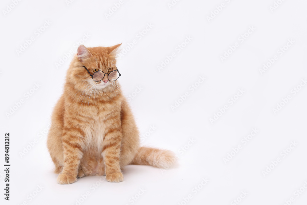 Obraz premium Orange cat wearing glasses against a white background. ginger Cat sitting and looks down. Close-up shot ideas for pet-themed products or advertising. Smart cat. Domestic kitten