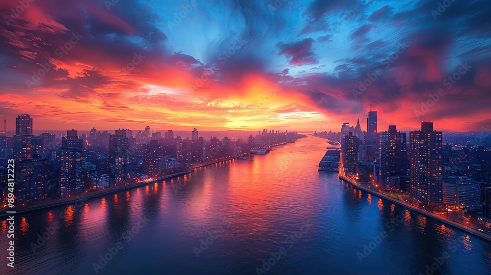 Fototapeta premium Stunning aerial view of a city at sunset with vibrant colors reflecting off the water and dramatic clouds filling the sky.