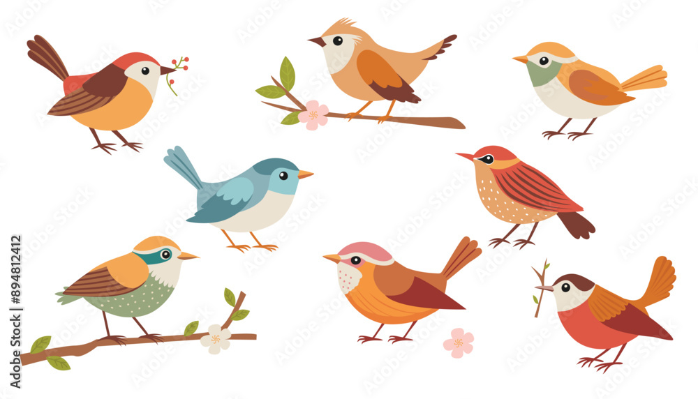 Birds set. Different beautiful birdie with flowers and branch. Vector cartoon illustration in childish style isolated on white. Birds set. Different beautiful birdie with flowers and branch. Vector cartoon illustration in childish style isolated on white.