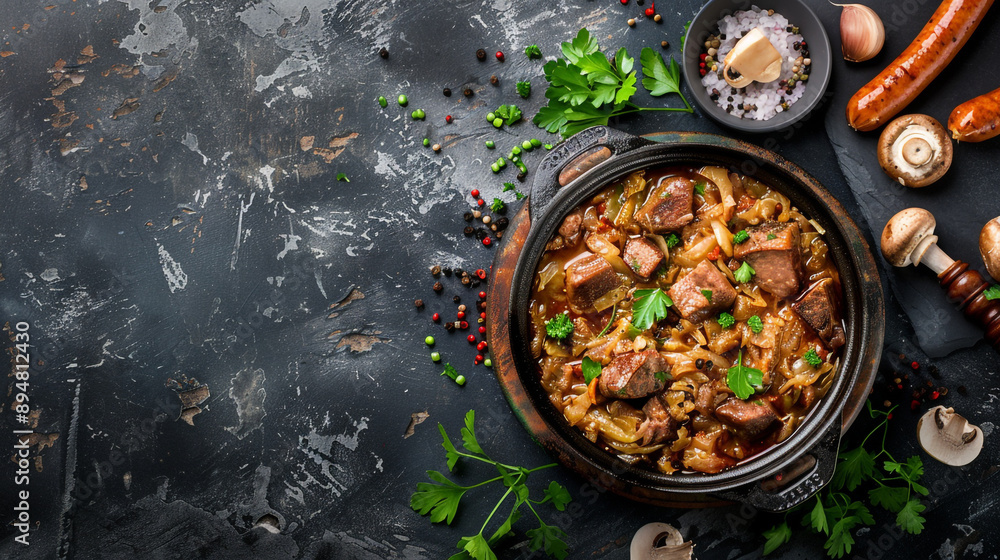 Traditional polish Bigos in black pan on dark stone background. Stewed cabbage with sauerkraut, mushrooms, smoked meats and spices. Traditional polish Bigos in black pan on dark stone background. Stewed cabbage with sauerkraut, mushrooms, smoked meats and spices.