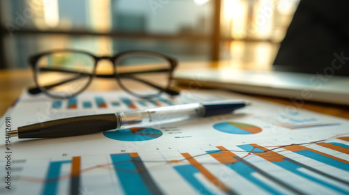 Business Graphs and Charts: Displayed on a table, illustrating financial development, banking accounts, and statistics.