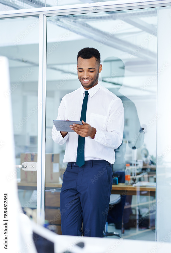 Happy, businessman and tablet for networking in office with digital app and research for investing. Realtor, technology and internet for schedule, email and professional career in real estate agency Happy, businessman and tablet for networking in office with digital app and research for investing. Realtor, technology and internet for schedule, email and professional career in real estate agency