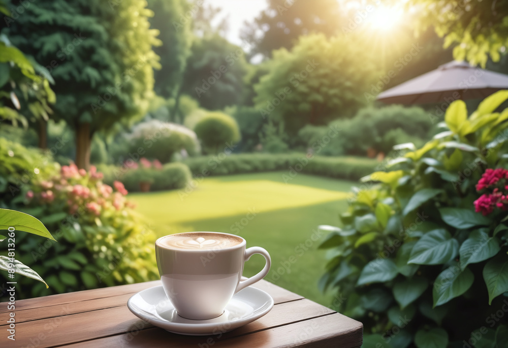 Serene morning with a cup of coffee overlooking a lush garden Serene morning with a cup of coffee overlooking a lush garden