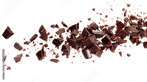 Dynamic image of chocolate pieces shattering in midair, showcasing the rich texture and tempting appeal of the confectionery treat.