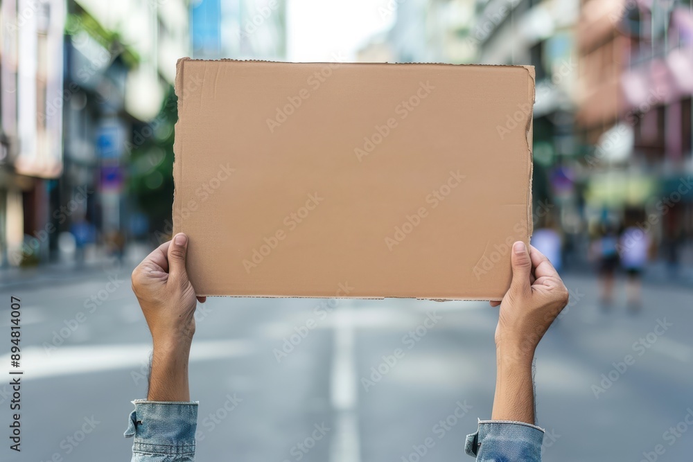 hand holding brown cardboard sign on blurred street background hand holding brown cardboard sign on blurred street background