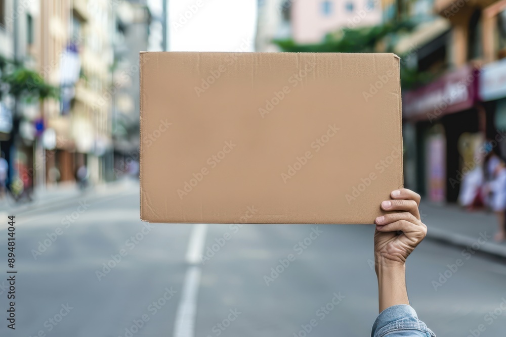 hand holding brown cardboard sign on blurred street background hand holding brown cardboard sign on blurred street background