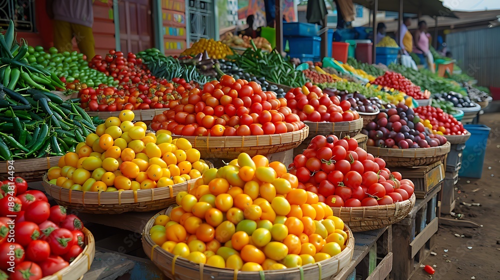 A vibrant market with stalls selling fresh produce, A vibrant market with stalls selling fresh produce,