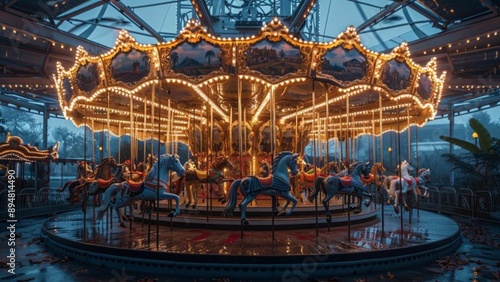 Haunted Carousel with Ghostly Children Riding Horses, Generative AI illustration