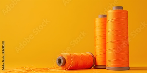 A photo of sewing materials, featuring spools and thread in shades of orange against an isolated yellow background. Space for copy. Sewing and hobby concept.