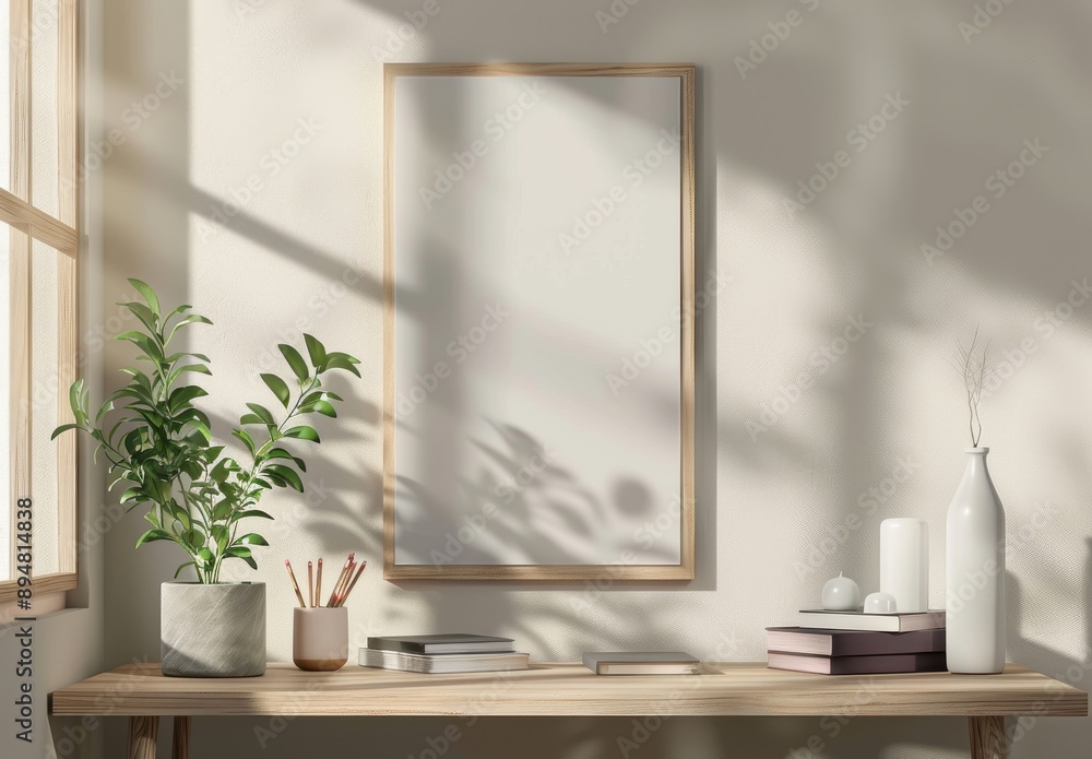 3D rendering of an empty wooden frame mockup hanging on the wall, interior design, plants and books on a table. 3D rendering of an empty wooden frame mockup hanging on the wall, interior design, plants and books on a table.