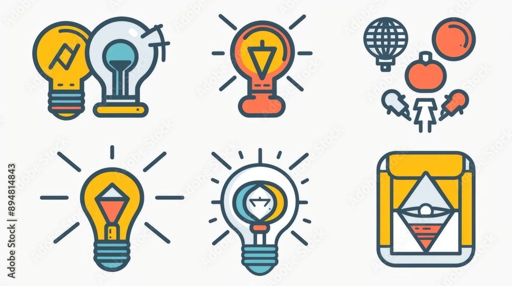 Design icons that illustrate different functions or concepts related to light bulbs, such as on/off, energy efficiency, innovation, brainstorming, or Design icons that illustrate different functions or concepts related to light bulbs, such as on/off, energy efficiency, innovation, brainstorming, or