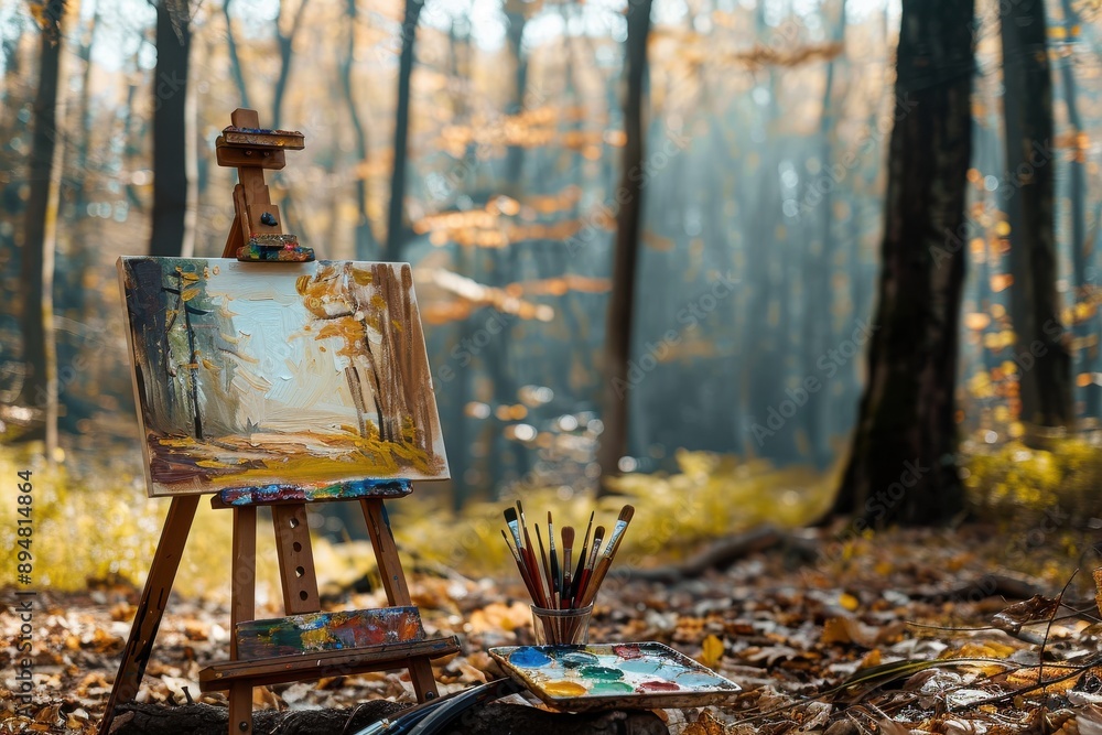A beautifully crafted wooden easel with an unfinished painting set amidst an autumn forest A beautifully crafted wooden easel with an unfinished painting set amidst an autumn forest