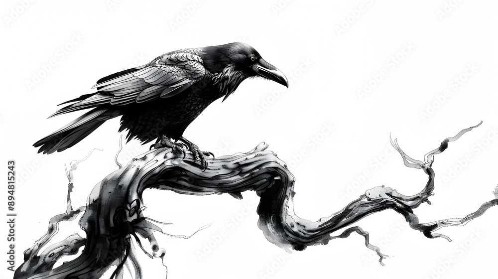 Fototapeta premium a raven perched on a twisted branch, isolated on a white background
