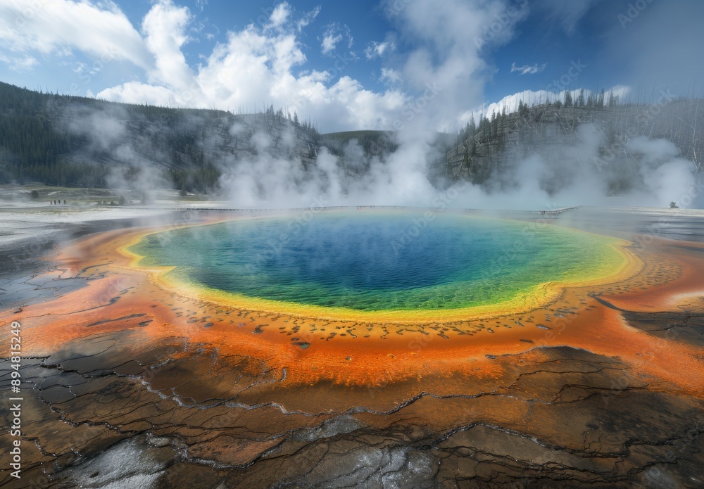Naklejka premium The iconic Grand Prismatic Spring with its vibrant colors and steaming waters in Yellowstone