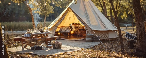 A luxury camping glamping trip with a holiday theme, including a decorated tent and gourmet meals