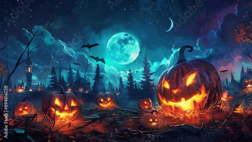 Spooky Pumpkin Patch with Glowing Jack-o'-Lanterns and Full Moon, Generative AI illustration