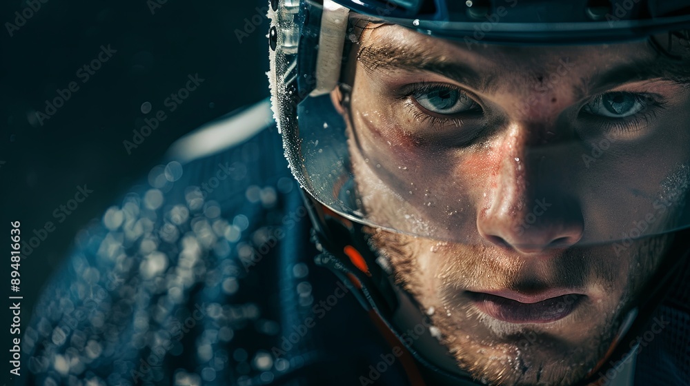 ice hockey player wearing a helmet and visor, with frost and sweat visible on his face, highlighting the intensity and focus in his eyes ice hockey player wearing a helmet and visor, with frost and sweat visible on his face, highlighting the intensity and focus in his eyes