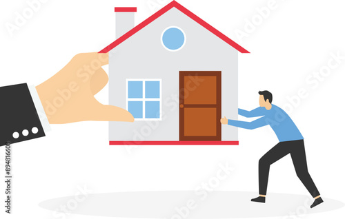 Bankruptcy man fighting to hold back their house with big legal hand evict it by law. Eviction and mortgage debt, foreclosure or difficulty to pay back bank mortgage loan.

