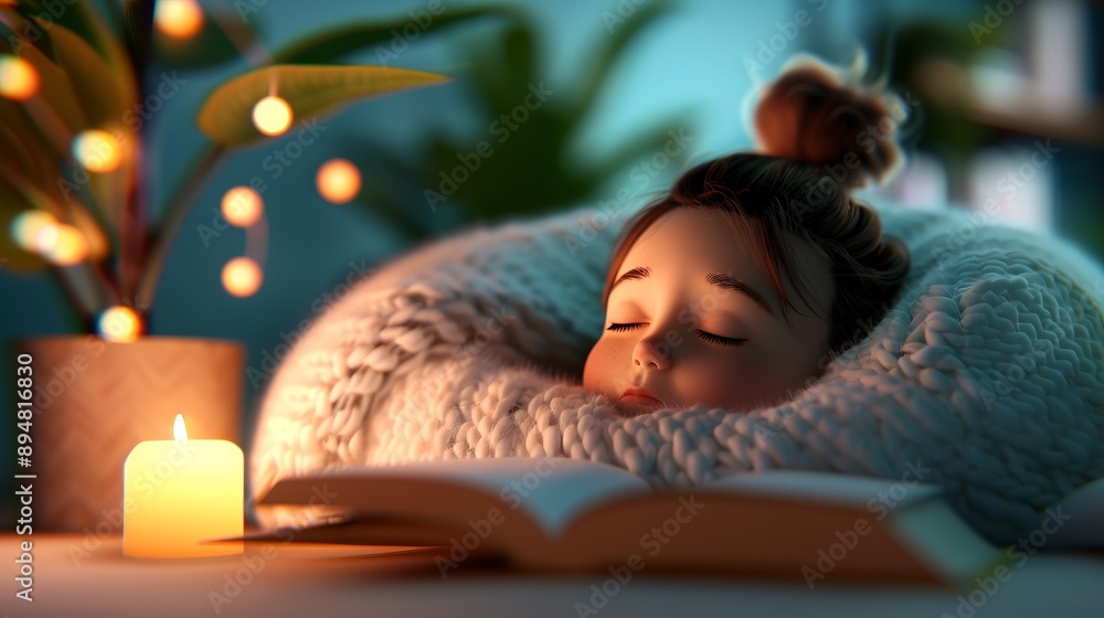 A cozy scene of a person sleeping peacefully with a lit candle and an open book in warm ambient lighting, perfect for tranquil moments. A cozy scene of a person sleeping peacefully with a lit candle and an open book in warm ambient lighting, perfect for tranquil moments.