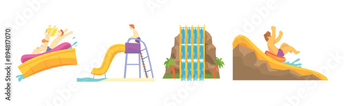 People Character at Aquapark Enjoy Water Slide Vector Set