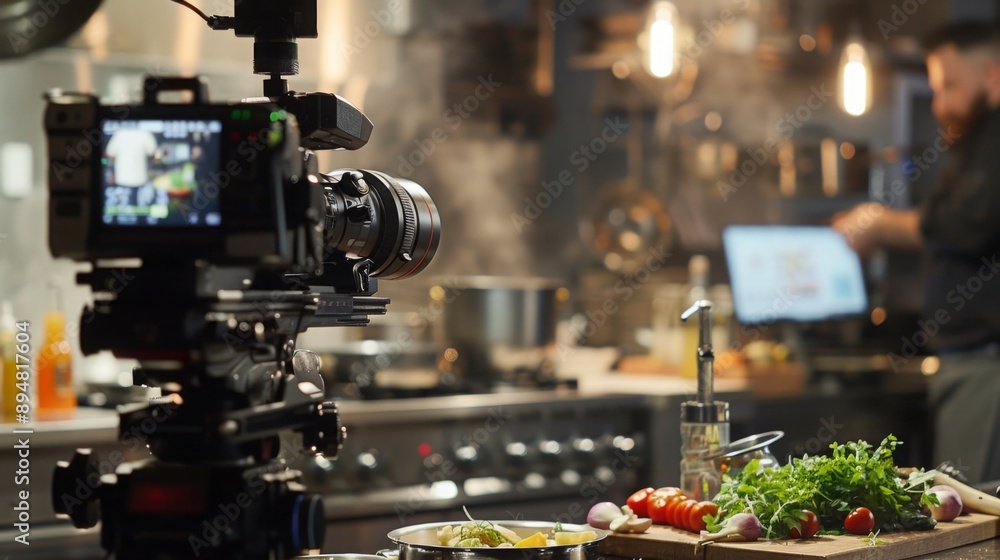 A video camera is set up in a kitchen, pointed towards a counter with food and vegetables. A chef is out of focus in the background, working on a recipe. A video camera is set up in a kitchen, pointed towards a counter with food and vegetables. A chef is out of focus in the background, working on a recipe.